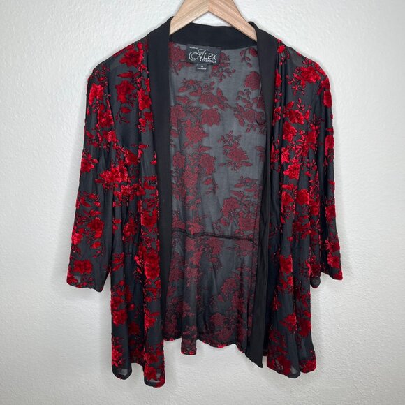 Alex Evenings Womens Red Black Floral Velvet Burnout Whimsygoth Cardigan kimono - Picture 2 of 9